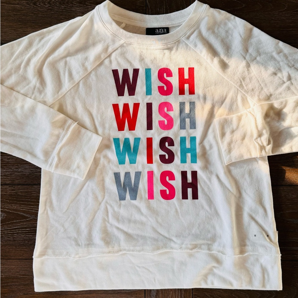 NWOT a.n.a White Sweatshirt with Colorful 'WISH' Print